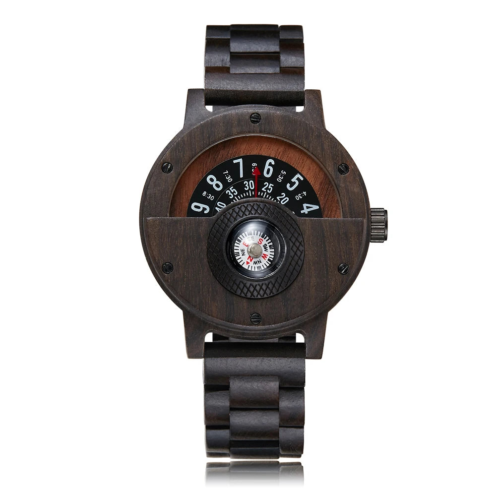 Turntable Compass Creative Wood Watch Men Dial Real Walnut Ebony Bamboo Wooden Watches Man Male Brown Black Clock Wrist Reloj