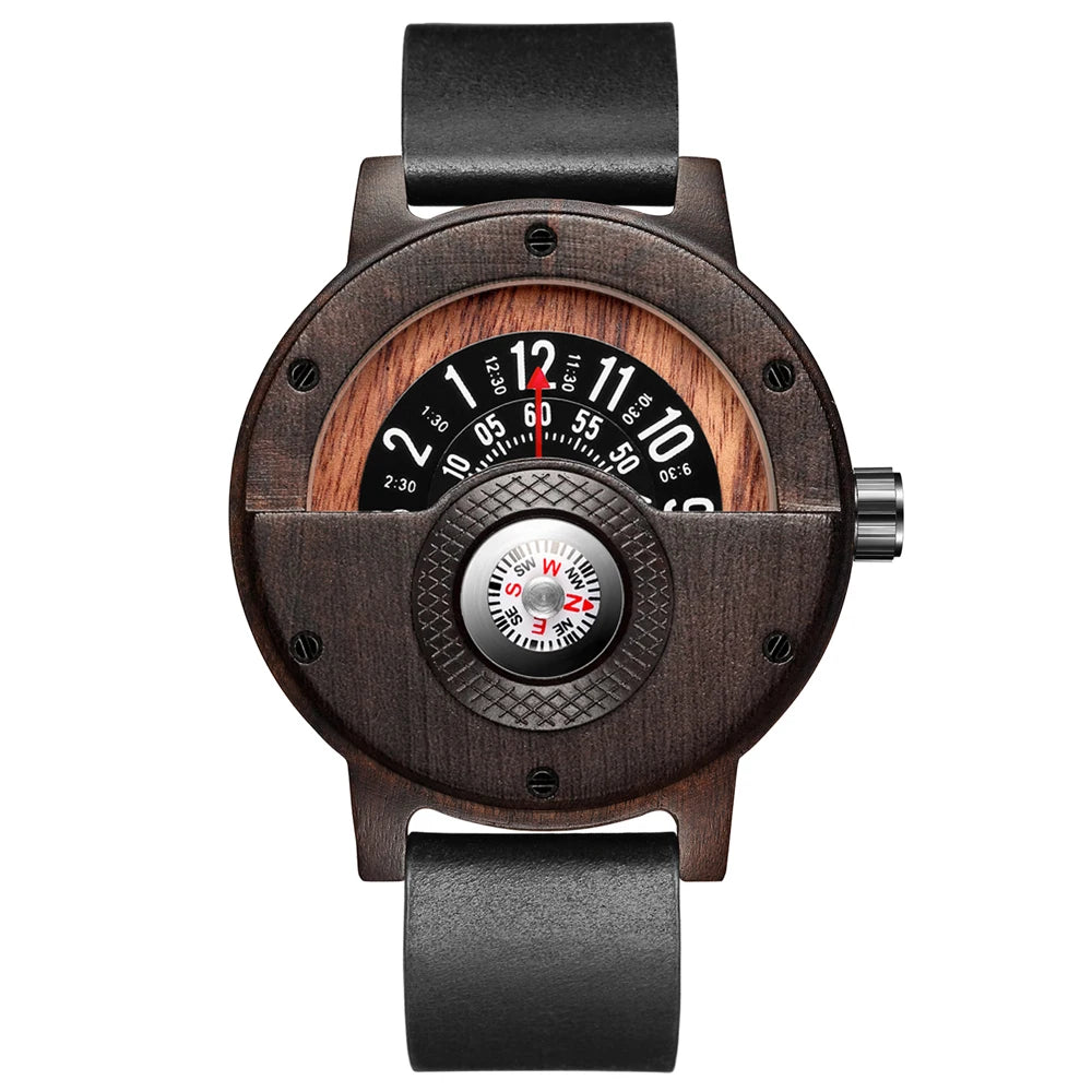 Turntable Compass Creative Wood Watch Men Dial Real Walnut Ebony Bamboo Wooden Watches Man Male Brown Black Clock Wrist Reloj