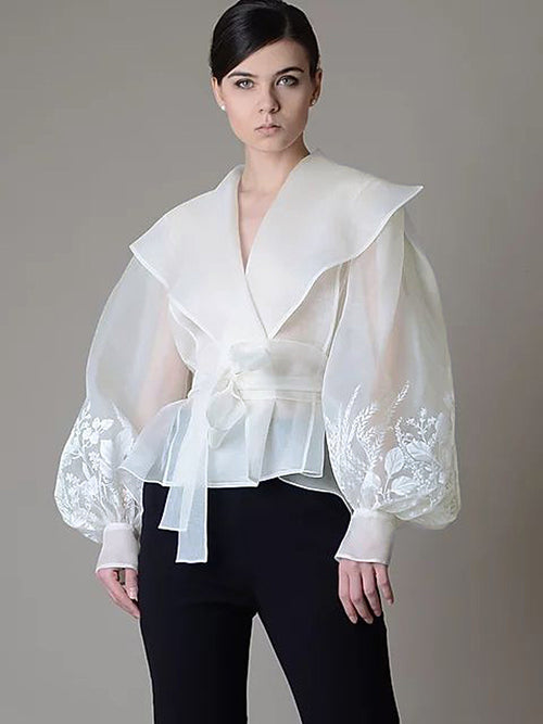 Blusa Estampada Estilo Francés 2026 - Organza Manga Farol Talle Ajustado