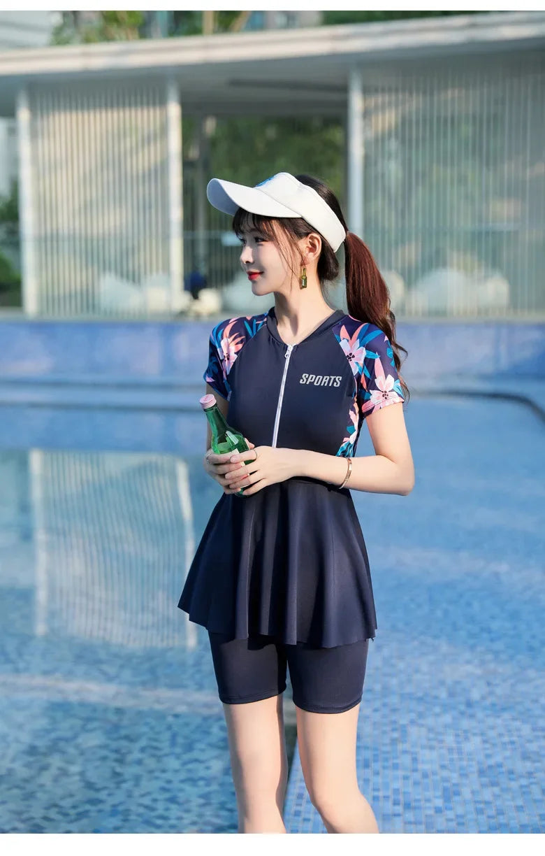 Women's Swimsuit Conservative Split Large Size One-Piece Hot Style High-End Slimming Look Belly-Covering Swimming Pool Professional Hot Spring Swimsuit