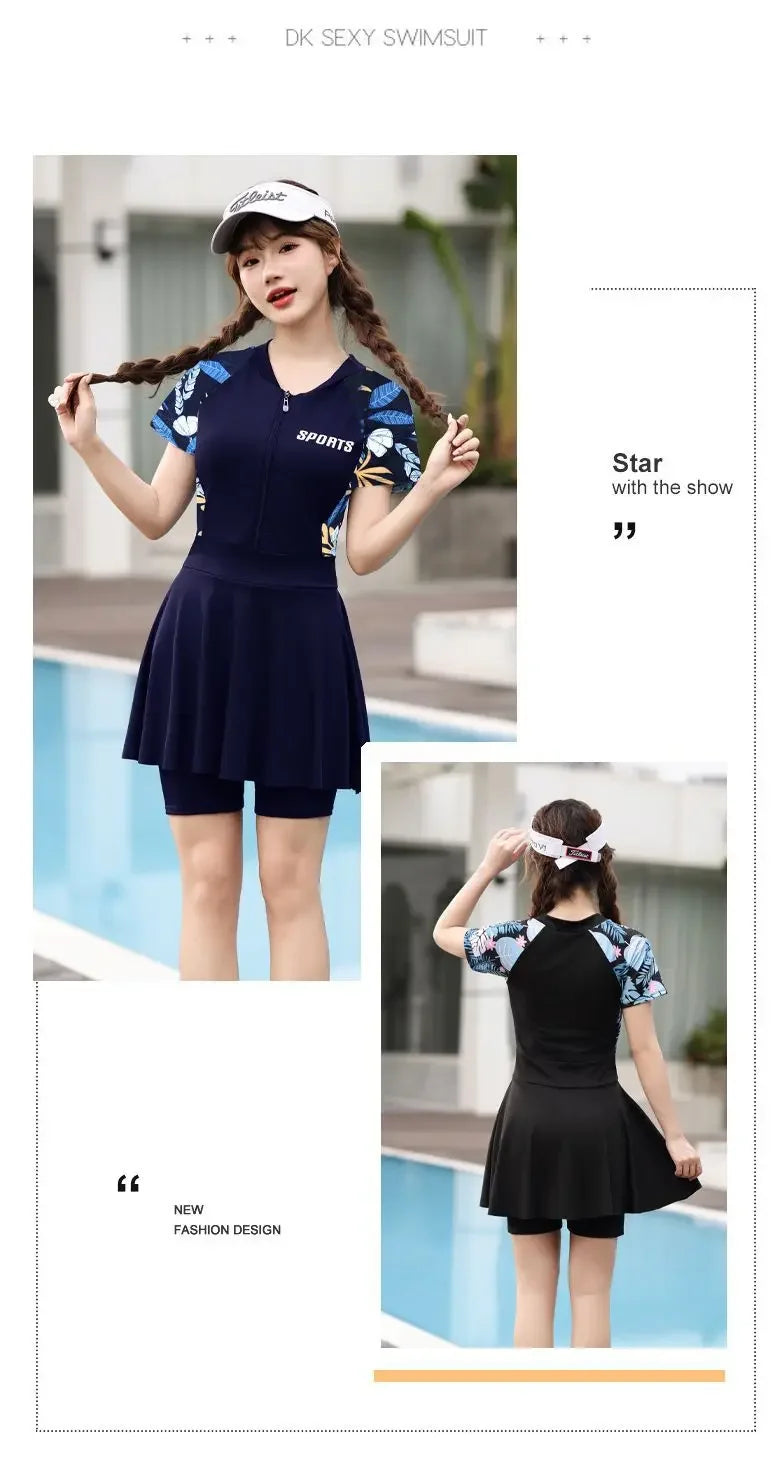 plus size swimsuit women's one-piece skirt short sleeve professional sports swimsuit mother 200kg conservative belly slim hot spring