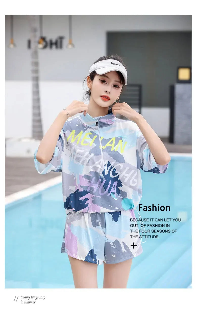Sports Swimsuit Women's Split Bikini Three-piece Set Small Chest Gathering Belly Covering Slimming Conservative Flat-angle Hot Spring Swimsuit