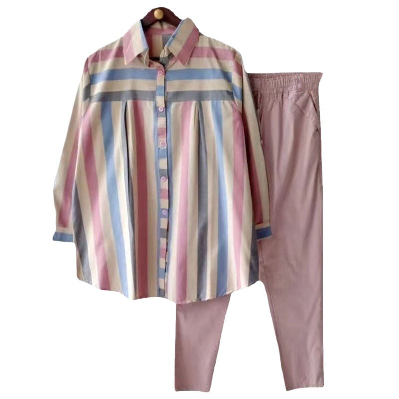 Amazon spring and autumn plus size loose chubby girl temperament casual long sleeve striped shirt sports suit foreign trade wholesale