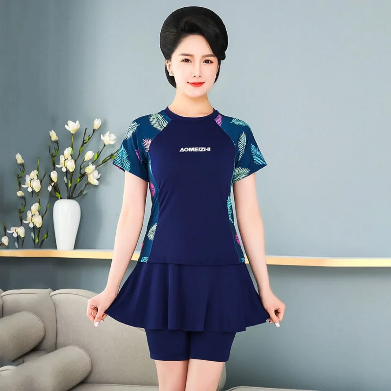 Fifth pants mother plus size swimsuit hot spring split fat mm200 kg belly covering slimming middle-aged and elderly swimming suit skirt