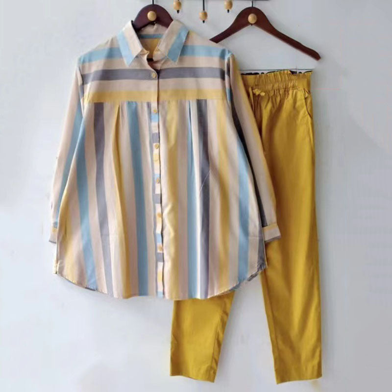 Amazon spring and autumn plus size loose chubby girl temperament casual long sleeve striped shirt sports suit foreign trade wholesale