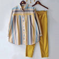 Amazon spring and autumn plus size loose chubby girl temperament casual long sleeve striped shirt sports suit foreign trade wholesale