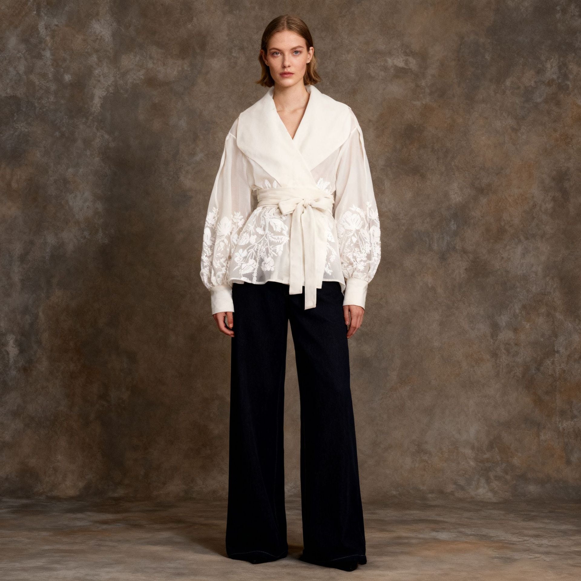 French-Style Elegant Printed Blouse 2026 Summer New Organza Large Lapel Lantern Sleeve Waist-Cinching Tie Shirt for Women