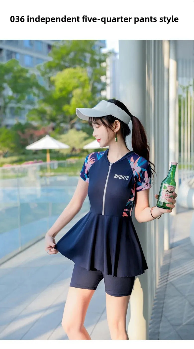 Women's Swimsuit Conservative Split Large Size One-Piece Hot Style High-End Slimming Look Belly-Covering Swimming Pool Professional Hot Spring Swimsuit