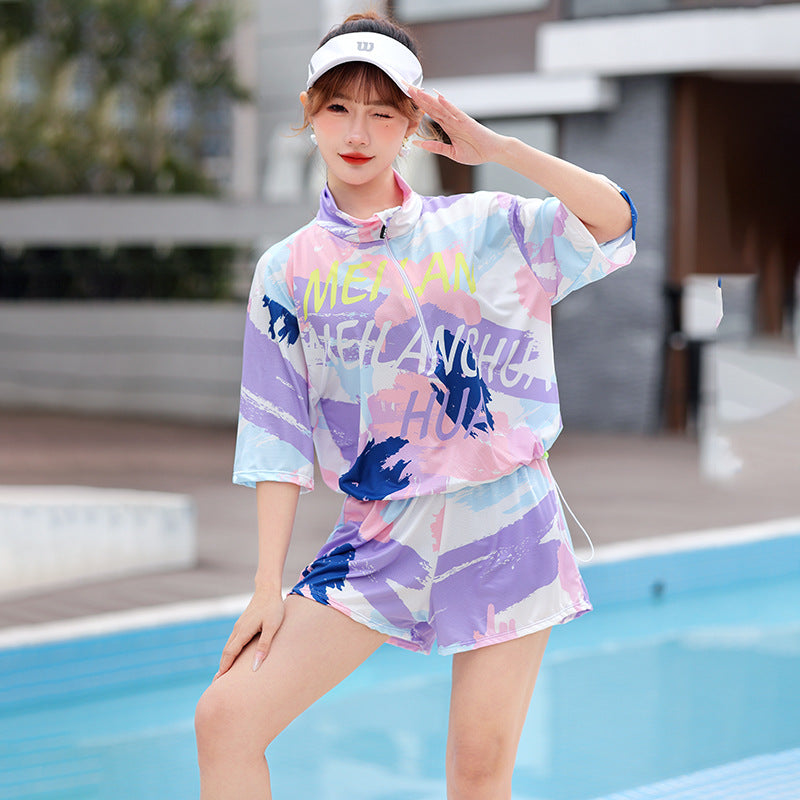 Sports Swimsuit Women's Split Bikini Three-piece Set Small Chest Gathering Belly Covering Slimming Conservative Flat-angle Hot Spring Swimsuit