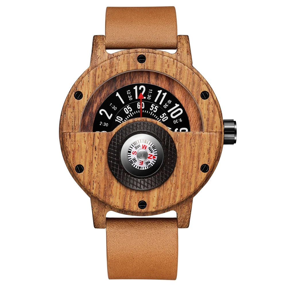 Turntable Compass Creative Wood Watch Men Dial Real Walnut Ebony Bamboo Wooden Watches Man Male Brown Black Clock Wrist Reloj