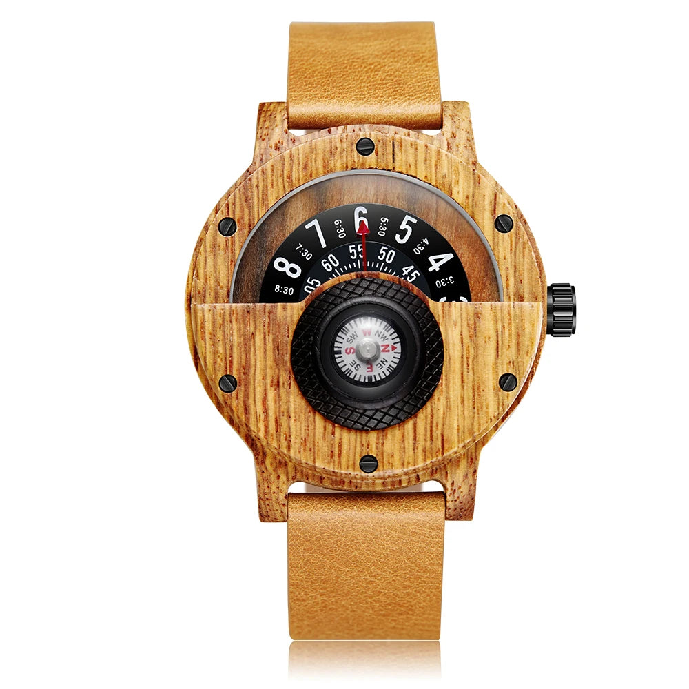 Turntable Compass Creative Wood Watch Men Dial Real Walnut Ebony Bamboo Wooden Watches Man Male Brown Black Clock Wrist Reloj