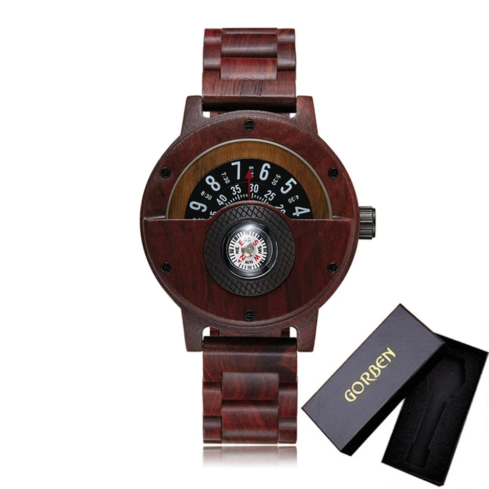 Turntable Compass Creative Wood Watch Men Dial Real Walnut Ebony Bamboo Wooden Watches Man Male Brown Black Clock Wrist Reloj